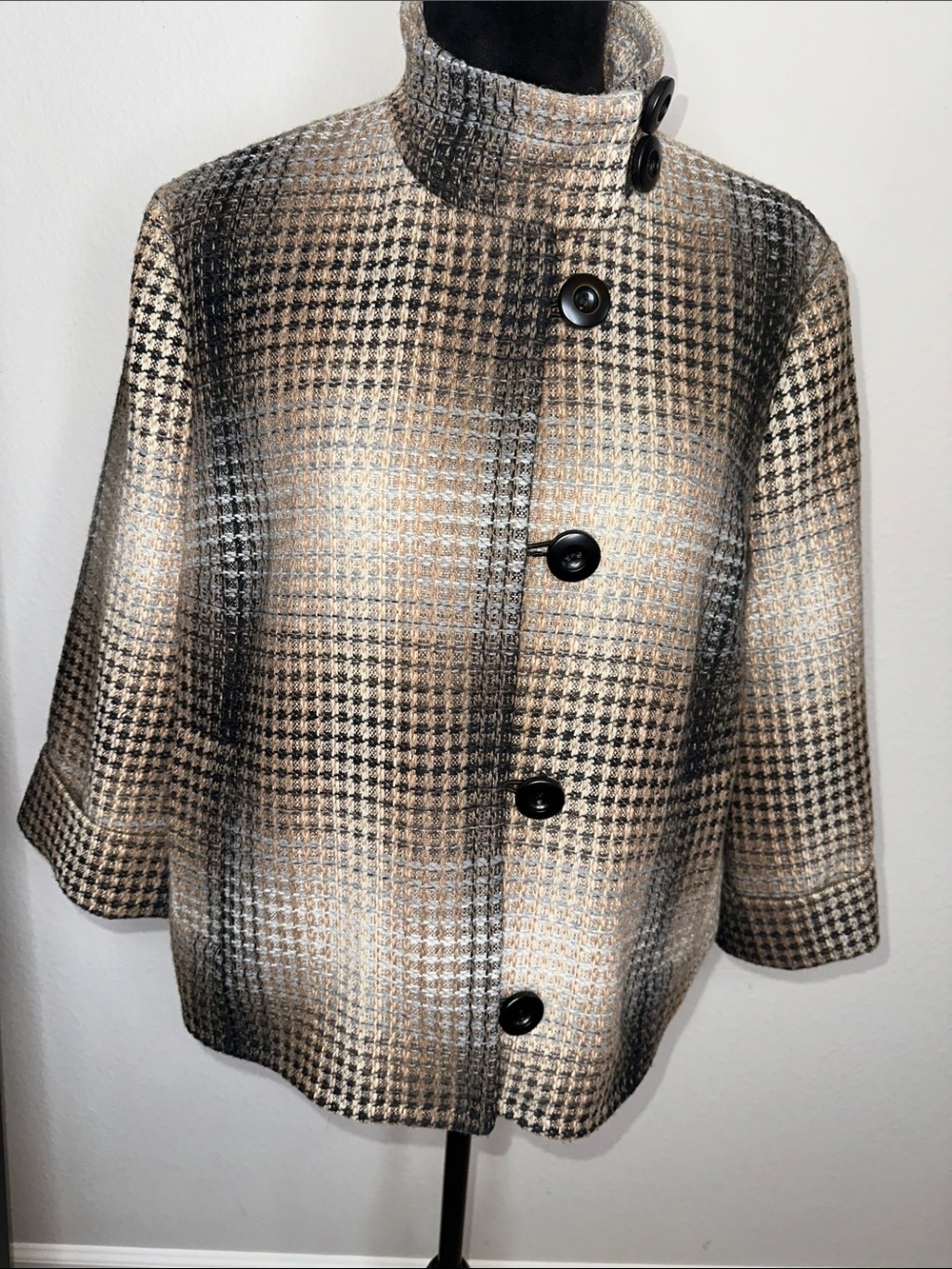 Axcess Black & Cream Checked Short Pea Coat